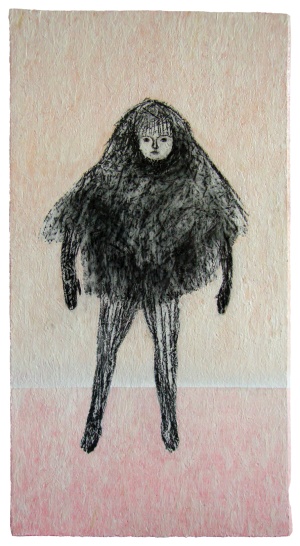 'jure'   charcoal, acrylic and medium gel on OSB   109 x 59 cm.